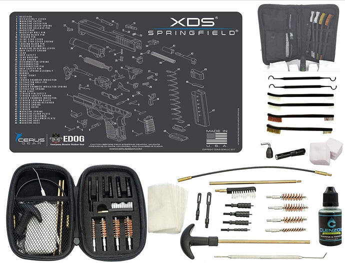 EDOG Premier 30 Pc Gun Cleaning System - Compatible with Springfield Armory XDs - Schematic (Exploded View) Mat, Range Warrior Universal .22 9mm - .45 Kit & Tac Book Accessories Set