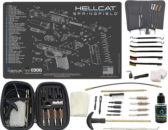 EDOG Premier 30 Pc Gun Cleaning System - Compatible with Springfield Armory Hellcat - Schematic (Exploded View) Mat, Range Warrior Universal .22 9mm - .45 Kit & Tac Book Accessories Set