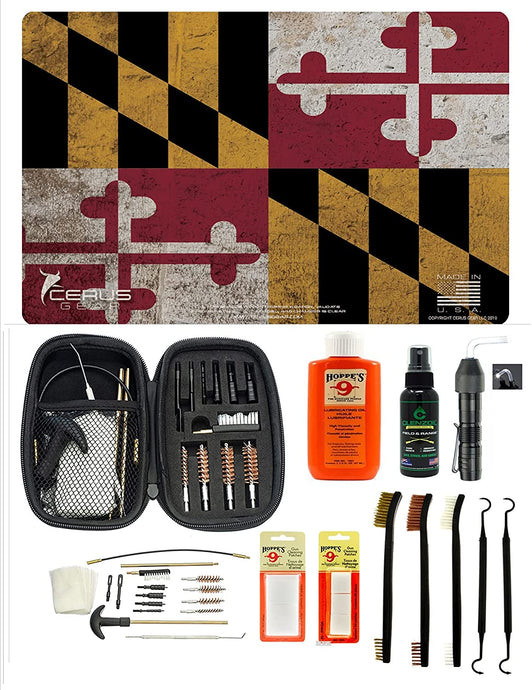 EDOG USA BANDIT 29 Pc Pistol Cleaning System - Maryland State Flag Handgun Honor & Pride Pistol Mat & Range Warrior .22 .38 .357 9MM .45 Gun Cleaning Kit & 12 PC Tac Book Cleaning Essentials Kit