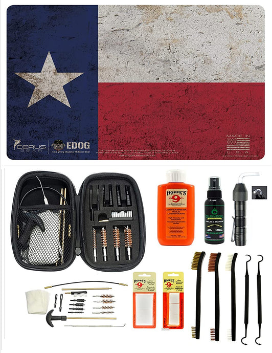 EDOG USA BANDIT 29 Pc Pistol Cleaning System - Texas Lone Star State Flag Handgun Honor & Pride Pistol Mat & Range Warrior .22 .38 .357 9MM .45 Gun Cleaning Kit & Clenzoil CLP & Hoppes Gun Oil & Patchs