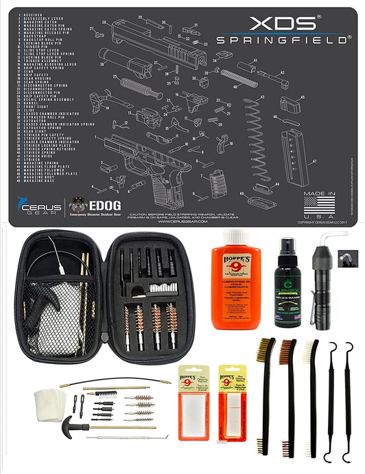 EDOG USA BANDIT 29 Pc Pistol Cleaning System - Compatible with Springfield Armory XDs - Schematic (Exploded View) Mat, Range Warrior Universal .22 9mm - .45 Kit & Clenzoil CLP & Hoppes Gun Oil & Patchs