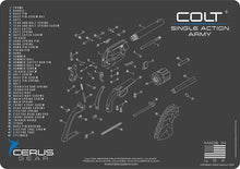 Load image into Gallery viewer, Single Action Army Gun Cleaning Mat - Schematic (Exploded View) Diagram Compatible For Colt SAA Series Pistol 3 mm Padded Pad Protect Your Firearm Magazines Bench Surfaces Gun Oil Solvent Resistant