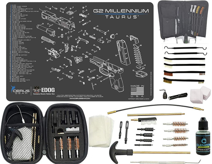 EDOG Premier 30 Pc Gun Cleaning System - Compatible with Taurus TG2 - Schematic (Exploded View) Mat, Range Warrior Universal .22 9mm - .45 Kit & Tac Book Accessories Set