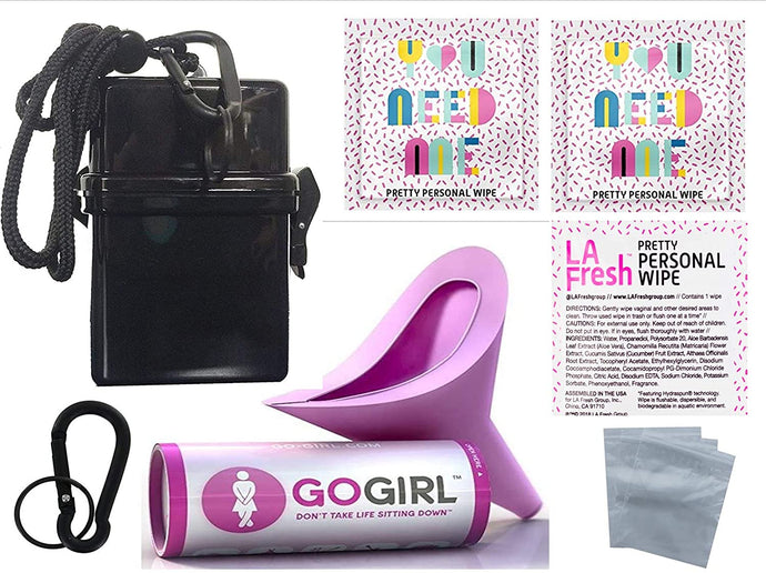 GoGirl Female Urination Device, Lavender & Black Waterproof Case for Spills & Splashes Plus LA Fresh Feminine Natural Wipes & Extra Zip Baggies & Carabiner(Pink)