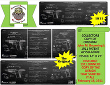 Load image into Gallery viewer, 1911P Gun Cleaning Mat - Vintage Collectors Edition of The Original John M. Browning 1911 Patent Application - 3 mm Padded Pad Protects Your Firearm Oil Solvent Resistant 12 X 27