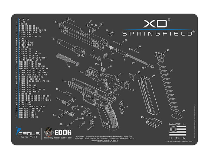 Springfield Armory XD Cerus Gear Schematic (Exploded View) Heavy Duty Pistol Cleaning 12x17 Padded Gun-Work Surface Protector Mat Solvent & Oil Resistant