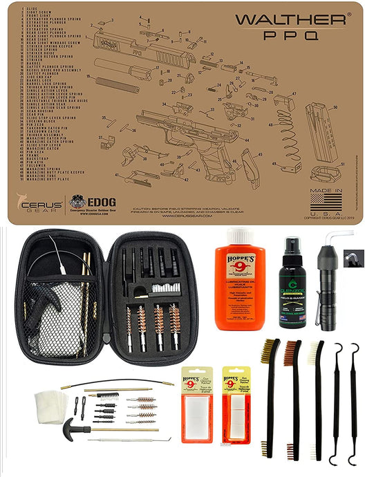 EDOG USA BANDIT 29 Pc Pistol Cleaning System - Compatible with Walther PPQ - Tan - Schematic (Exploded View) Mat, Range Warrior Universal .22 9mm - .45 Kit & Clenzoil CLP & Hoppes Gun Oil & Patchs