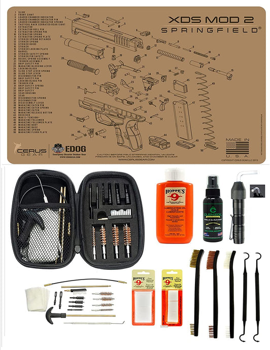 EDOG USA BANDIT 29 Pc Pistol Cleaning System - Compatible with Springfield Armory XDs Mod2 Tan - Schematic (Exploded View) Mat, Range Warrior Universal .22 9mm - .45 Kit & Clenzoil CLP & Hoppes Gun Oil & Patchs