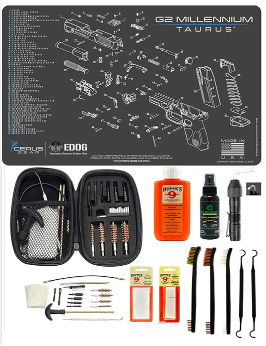 EDOG USA BANDIT 29 Pc Pistol Cleaning System - Compatible with Taurus TG2 - Schematic (Exploded View) Mat, Range Warrior Universal .22 9mm - .45 Kit & Clenzoil CLP & Hoppes Gun Oil & Patchs