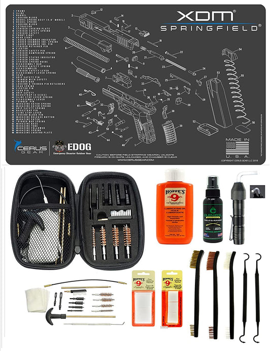 EDOG USA BANDIT 29 Pc Pistol Cleaning System - Compatible with Springfield Armory XDM - Schematic (Exploded View) Mat, Range Warrior Universal .22 9mm - .45 Kit & Clenzoil CLP & Hoppes Gun Oil & Patchs