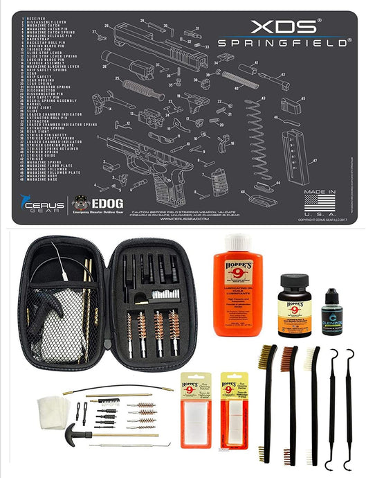 Range Warrior 27 Pc Gun Cleaning Kit - Compatible with Springfield Armory XDs - Schematic (Exploded View) Mat .22 9mm - .45 Kit