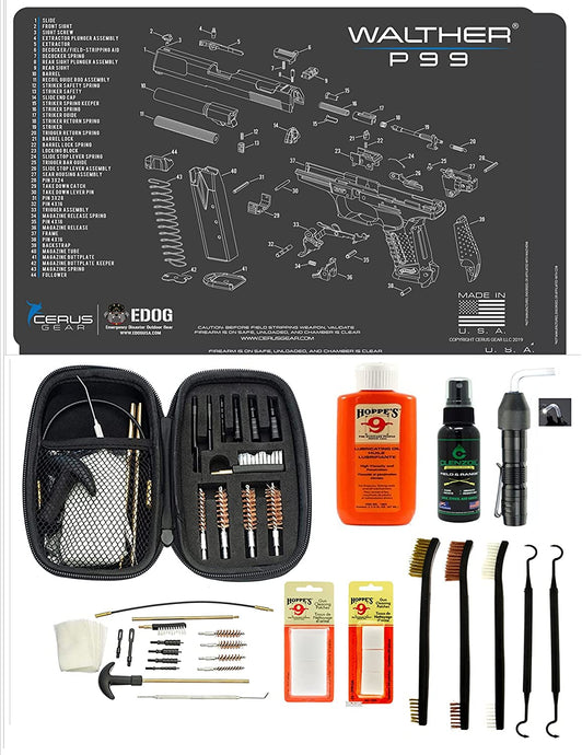 EDOG USA BANDIT 29 Pc Pistol Cleaning System - Compatible with Walther P99 - Schematic (Exploded View) Mat, Range Warrior Universal .22 9mm - .45 Kit & Clenzoil CLP & Hoppes Gun Oil & Patchs
