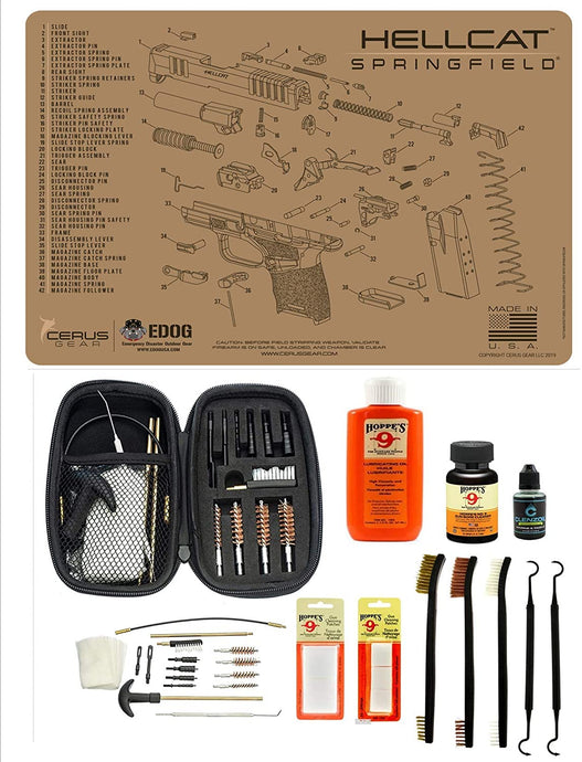 Range Warrior 27 Pc Gun Cleaning Kit - Compatible with Springfield Armory Hellcat - Tan - Schematic (Exploded View) Mat .22 9mm - .45 Kit