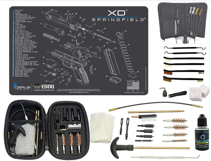 EDOG Premier 30 Pc Gun Cleaning System - Compatible with Springfield Armory XD - Schematic (Exploded View) Mat, Range Warrior Universal .22 9mm - .45 Kit & Tac Book Accessories Set