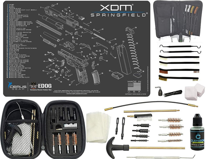 EDOG Premier 30 Pc Gun Cleaning System - Compatible with Springfield Armory XDM - Schematic (Exploded View) Mat, Range Warrior Universal .22 9mm - .45 Kit & Tac Book Accessories Set