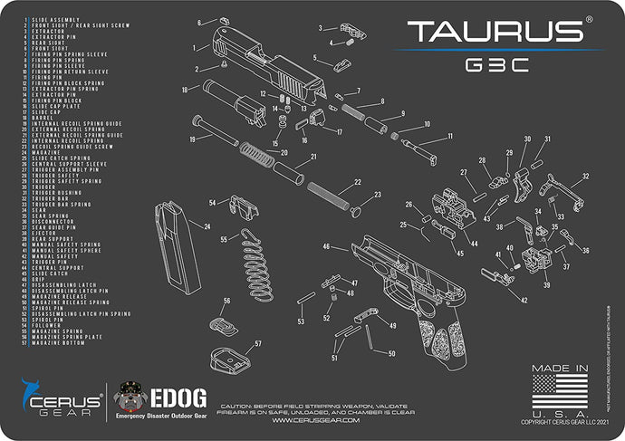 Taurus G3C Gun Cleaning Mat - Schematic (Exploded View) Diagram Compatible with Taurus G3C Series Pistol 3 mm Padded Pad Protect Your Firearm Magazines Bench Surfaces Gun Oil Solvent Resistant