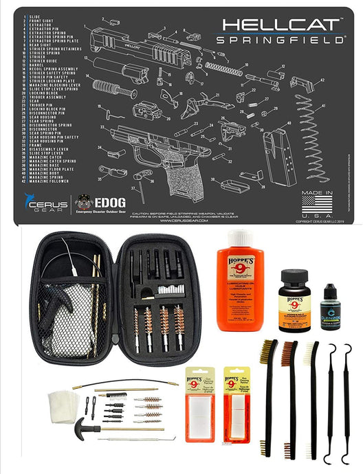 Range Warrior 27 Pc Gun Cleaning Kit - Compatible with Springfield Armory Hellcat - Schematic (Exploded View) Mat .22 9mm - .45 Kit