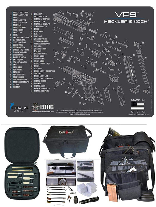 EDOG H&K VP9 Cerus Exploded View Schematic Gun Cleaning Mat & R5 Handgun Pistol Range & Duty Bag & 28 Pc Handgun Cleaning Kit w Clenzoil CLP