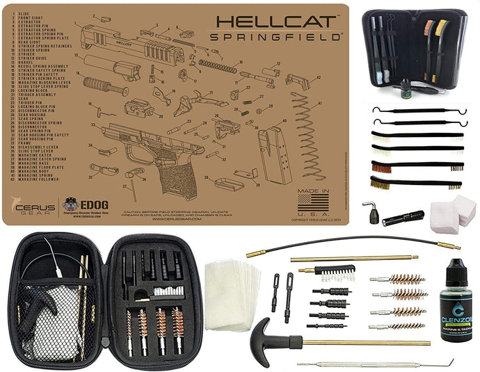 EDOG Springfield Armory Hellcat Tan (Exploded View) PPistol Cleaning Mat & Range Warrior Handgun Cleaning Kit & E.D.O.G. Tac Pak Cleaning Essentials