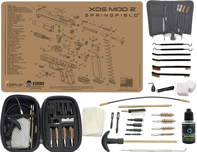 EDOG Premier 30 Pc Gun Cleaning System - Compatible with Springfield Armory XDs Mod2 Tan - Schematic (Exploded View) Mat, Range Warrior Universal .22 9mm - .45 Kit & Tac Book Accessories Set
