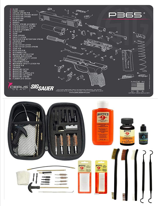 Range Warrior 27 Pc Gun Cleaning Kit - Compatible with Sig Sauer P365- Ladies Ping Trim - Schematic (Exploded View) Mat .22 9mm - .45 Kit