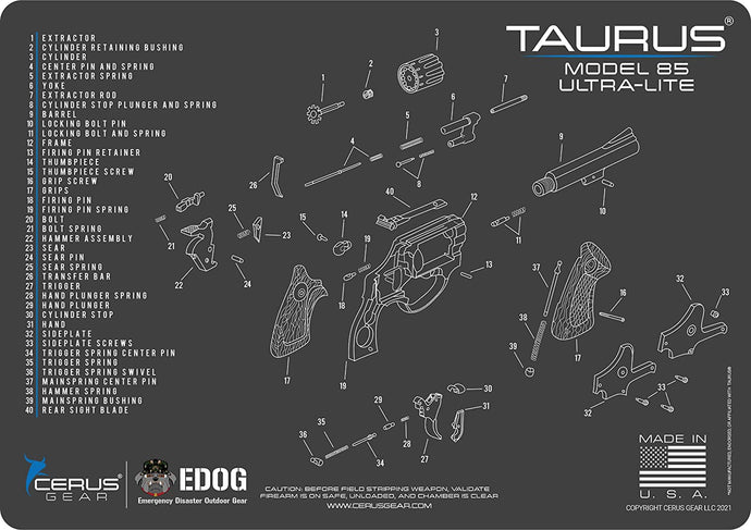 Taurus 85 Gun Cleaning Mat - Schematic (Exploded View) Diagram Compatible with Taurus Model 85 Series Pistol 3 mm Padded Pad Protect Your Firearm Magazines Bench Surfaces Gun Oil Solvent Resistant
