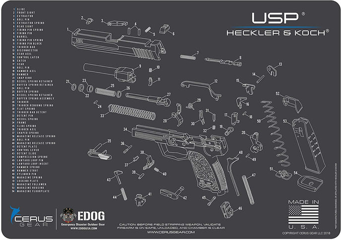 Heckler & Koch USP Cerus Gear Schematic (Exploded View) Heavy Duty Pistol Cleaning 12x17 Padded Gun-Work Surface Protector Mats Solvent & Oil Resistant