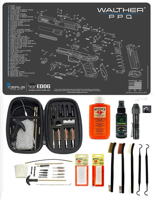 EDOG USA BANDIT 29 Pc Pistol Cleaning System - Compatible with Walther PPQ - Schematic (Exploded View) Mat, Range Warrior Universal .22 9mm - .45 Kit & Clenzoil CLP & Hoppes Gun Oil & Patchs