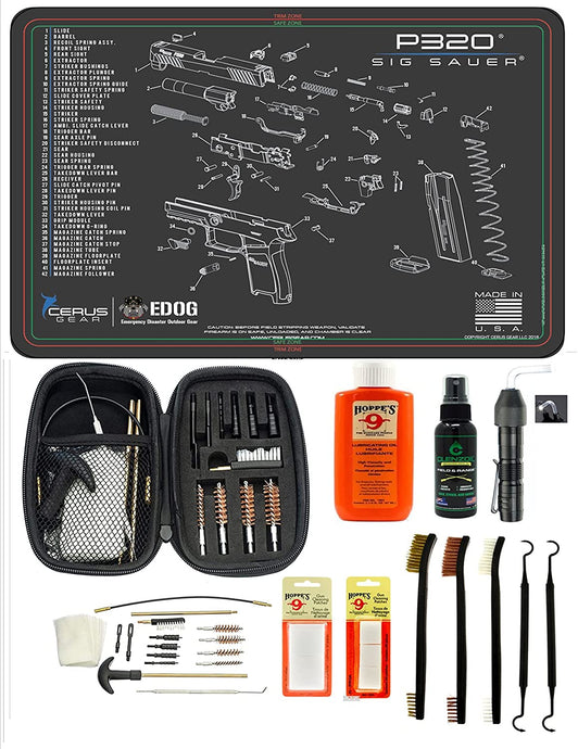EDOG USA Compatible for Sig SauerP320-29 Pc Pistol Cleaning System - Schematic (Exploded View) Mat, Range Warrior Universal .22 9mm - .45 Kit & Clenzoil CLP & Hoppes Gun Oil & Patchs