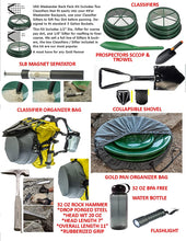 Load image into Gallery viewer, 49&#39;ER Gold Panning Sluicing Baclpack - Weekender Pro 50 Pc Prospecting Mining Equipment Pans, Folding sluice box, Classifier Sifter, Snuffer, Suction Tweezer, Black Sand Magnet, Digging Tools