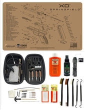Load image into Gallery viewer, EDOG USA BANDIT 29 Pc Pistol Cleaning System - Compatible with Springfield Arnory XD - Tan - Schematic (Exploded View) Mat, Range Warrior Universal .22 9mm - .45 Kit &amp; Clenzoil CLP &amp; Hoppes Gun Oil &amp; Patchs