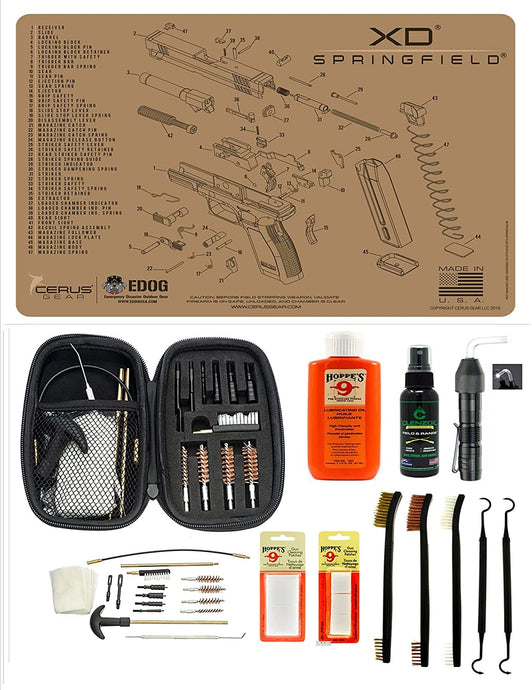 EDOG USA BANDIT 29 Pc Pistol Cleaning System - Compatible with Springfield Arnory XD - Tan - Schematic (Exploded View) Mat, Range Warrior Universal .22 9mm - .45 Kit & Clenzoil CLP & Hoppes Gun Oil & Patchs