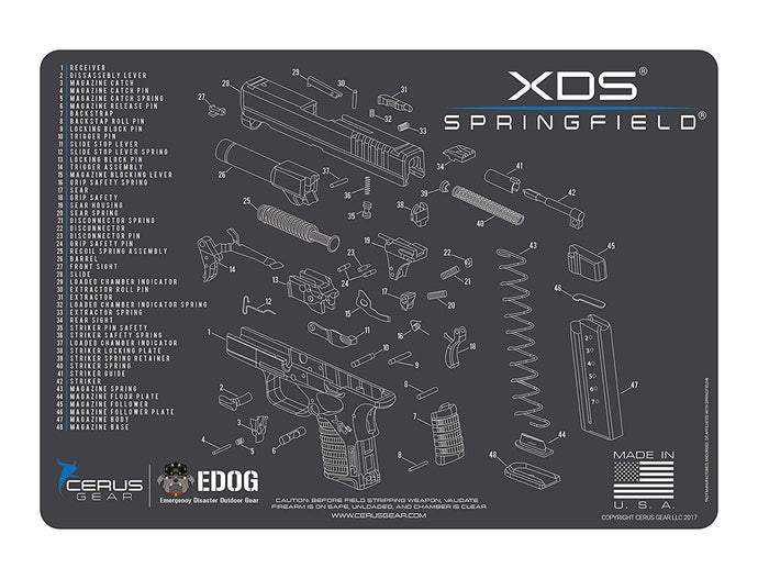 Springfield Armory XDs Cerus Gear Schematic (Exploded View) Heavy Duty Pistol Cleaning 12x17 Padded Gun-Work Surface Protector Mat Solvent & Oil Resistant