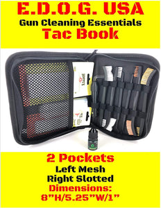 EDOG Tac Book Basic 16 Pc Gun Cleaning Kit Essentials & Accessories Set Universal for All Handguns .22 .38 .357 9mm .40 .45 Cal Hoppes No.9 Patches, Clenzoil CLP, Cleaner Brushes, Picks & Bore Light