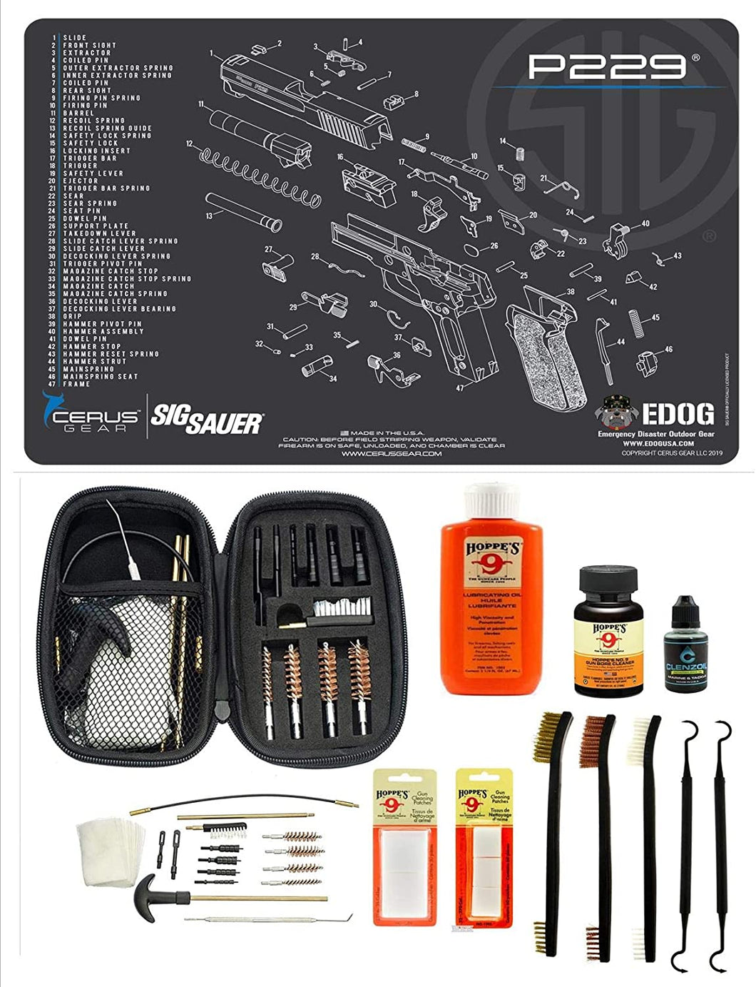 Range Warrior 27 Pc Gun Cleaning Kit - Compatible with Sig Sauer P229 - Schematic (Exploded View) Mat .22 9mm - .45 Kit