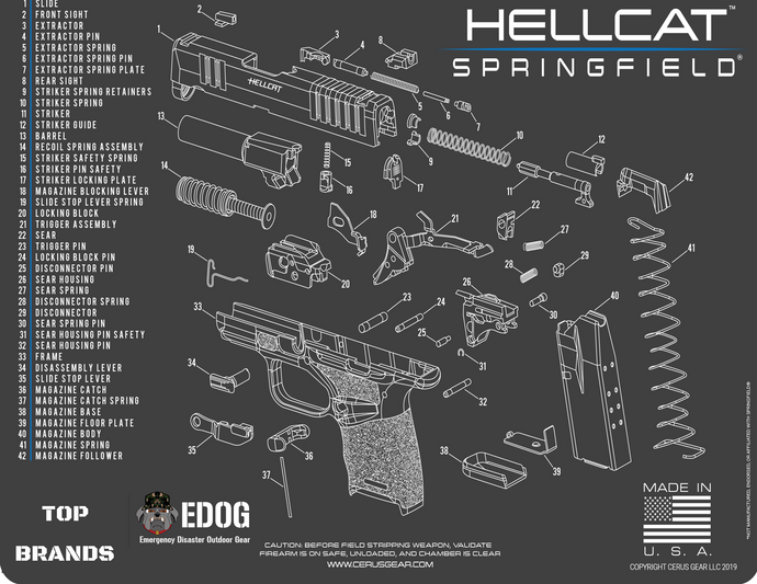 Springfield Armory Hellcat Cerus Gear Schematic (Exploded View) Heavy Duty Pistol Cleaning 12x17 Padded Gun-Work Surface Protector Mat Solvent & Oil Resistant
