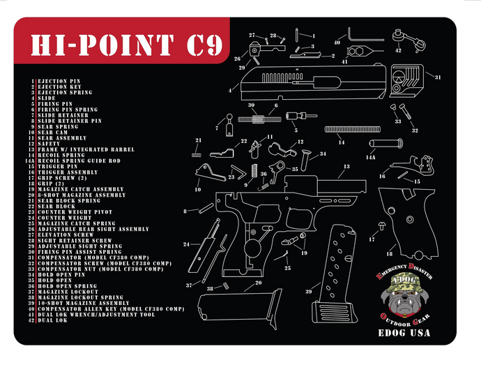 EDOG USA Hi-Point C9 Schematic (Exploded View) Heavy Duty Pistol Cleaning 12x17 Padded Gun-Work Surface Protector Mat Solvent & Oil Resistant