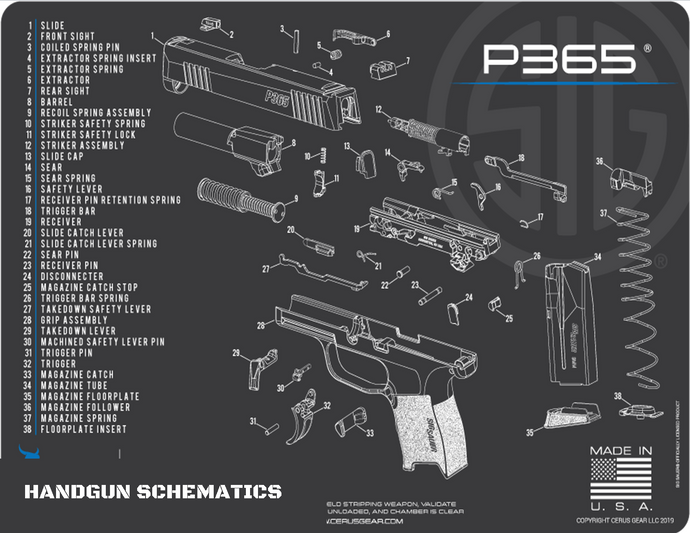 SIG P365 Schematic (Exploded View) Heavy Duty Pistol Cleaning 12x17 Padded Gun-Work Surface Protector Mat Solvent & Oil Resistant