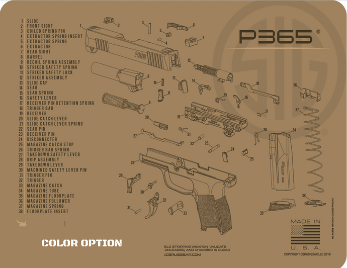 SIG P365 Tan Schematic (Exploded View) Flat Dark Earth Heavy Duty Pistol Cleaning 12x17 Padded Gun-Work Surface Protector Mat Solvent & Oil Resistant