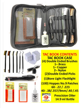 Load image into Gallery viewer, Tac Book Handgun Cleaning Kit Essentials &amp; Accessories for All Calibers 22 38 357 9mm 40 45 Cal, Gun Oil Needle Oiler Pistol Cleaner Brass Brush Pick &amp; Punch Set &amp; Bore Light