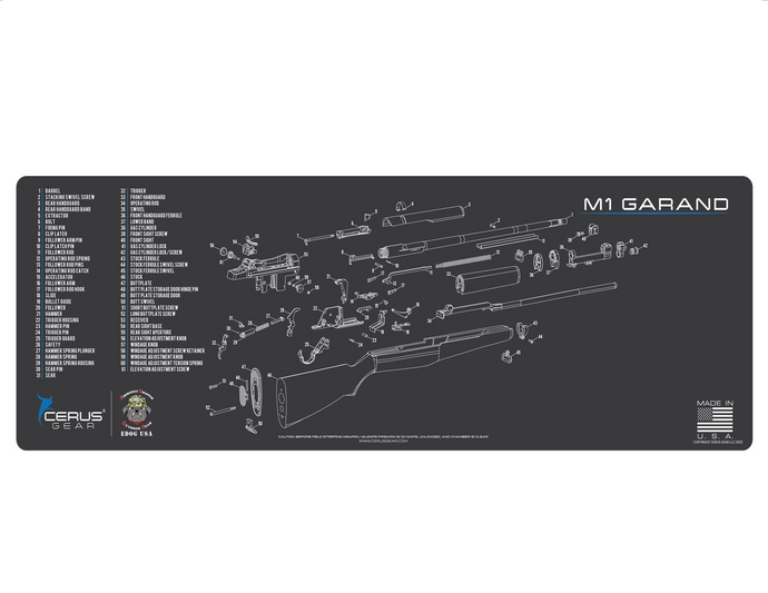 M1 Garand Gun Cleaning Mat - Schematic (Exploded View)  12X36 Padded Gun-Work Surface Protection Mat Solvent & Oil Resistant