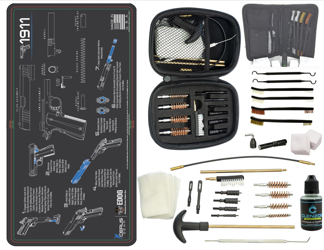 EDOG 1911 CERUS Gear Instructional Step by Step PROMAT with Range Warrior .22 .38 .357 9MM .45-20 PC & 12 PC Tac Book Range, Field & Bench Handgun Cleaning Essentials Kit