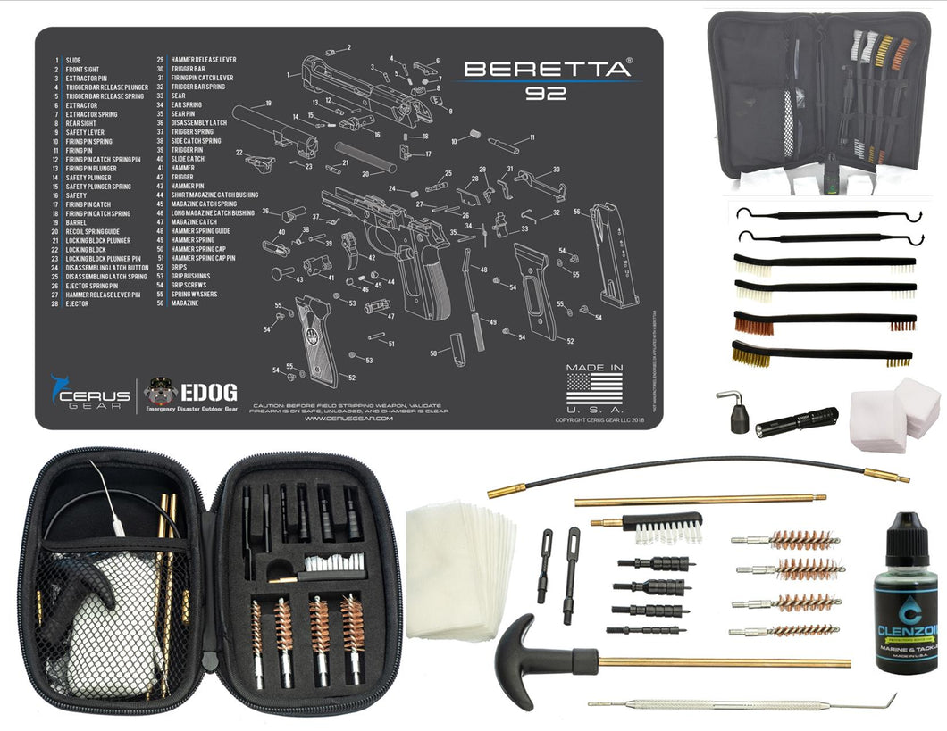 EDOG Beretta 92 CERUS Gear Schematic (Exploded View) Pistol ProMat, Range Warrior .22 .38 .357 9MM .45-20 PC & 12 PC Tac Book Range, Field & Bench Handgun Cleaning Essentials Kit