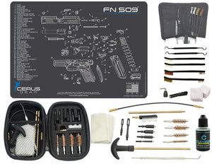 FN509 CERUS Gear Schematic (Exploded View) Pistol ProMat, Range Warrior .22 .38 .357 9MM .45-20 PC & 12 PC Tac Book Range, Field & Bench Handgun Cleaning Essentials Kit