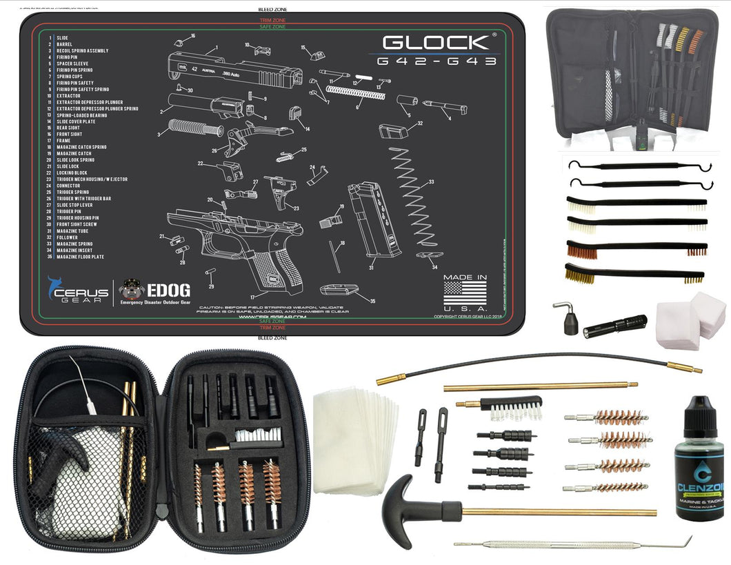 EDOG Glock G42 / G43 CERUS Gear Schematic (Exploded View) Pistol ProMat, Range Warrior .22 .38 .357 9MM .45-20 PC & 12 PC Tac Book Range, Field & Bench Handgun Cleaning Essentials Kit