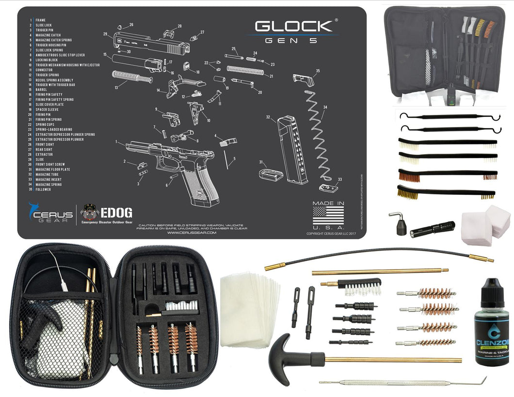 EDOG Glock Gen5 CERUS Gear Schematic (Exploded View) Pistol ProMat, Range Warrior .22 .38 .357 9MM .45-20 PC & 12 PC Tac Book Range, Field & Bench Handgun Cleaning Essentials Kit