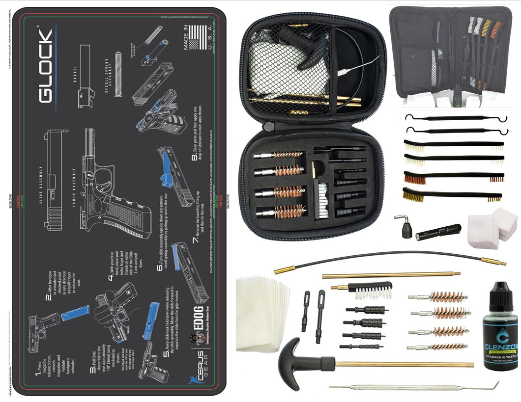 EDOG Glock CERUS Gear Instructional Step by Step PROMAT with Range Warrior .22 .38 .357 9MM .45-20 PC & 12 PC Tac Book Range, Field & Bench Handgun Cleaning Essentials Kit