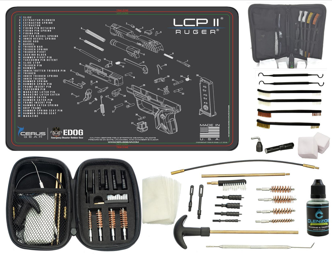 EDOG Ruger LCP II CERUS Gear Schematic (Exploded View) Pistol ProMat, Range Warrior .22 .38 .357 9MM .45-20 PC & 12 PC Tac Book Range, Field & Bench Handgun Cleaning Essentials Kit