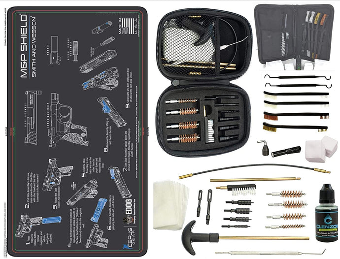 EDOG S&W M&P Shield CERUS Gear Instructional Step by Step PROMAT with Range Warrior .22 .38 .357 9MM .45-20 PC & 12 PC Tac Book Range, Field & Bench Handgun Cleaning Essentials Kit