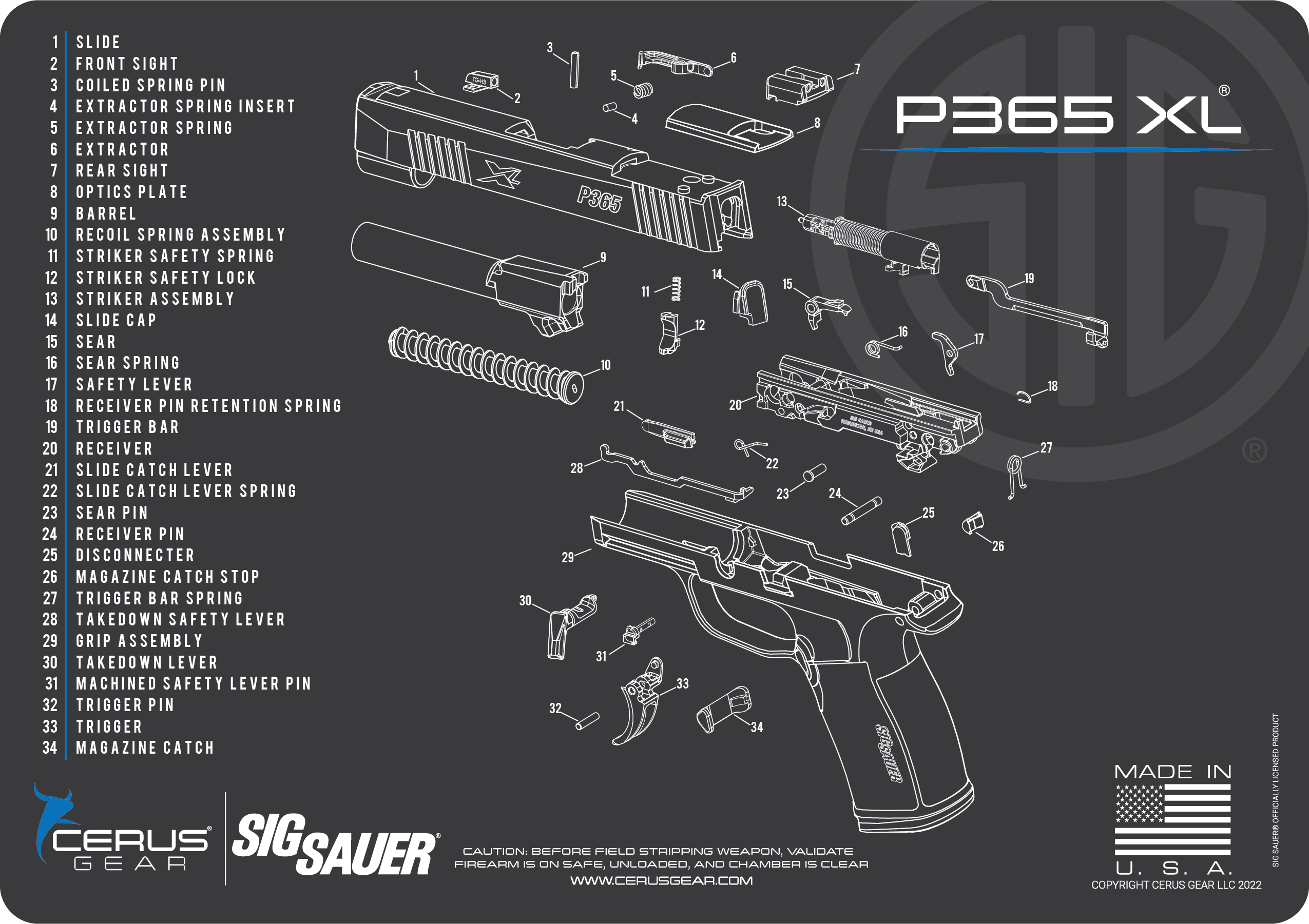 P365 XL Gun Cleaning Mat - Schematic (Exploded View) Diagram